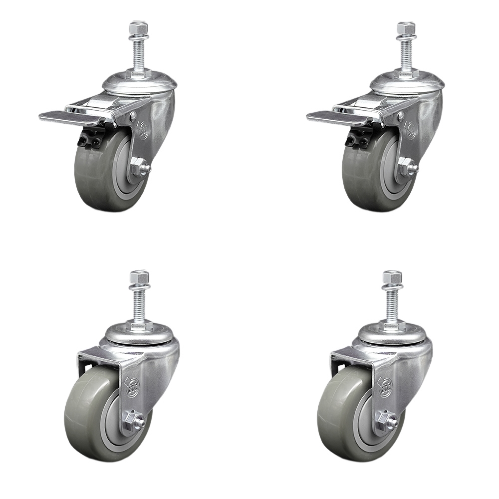 Stainless Steel Polyurethane Swivel Threaded Stem Caster with 3.5 x 1.25 in. Gray Wheels & 0.38 in. Stems - Set of 4
