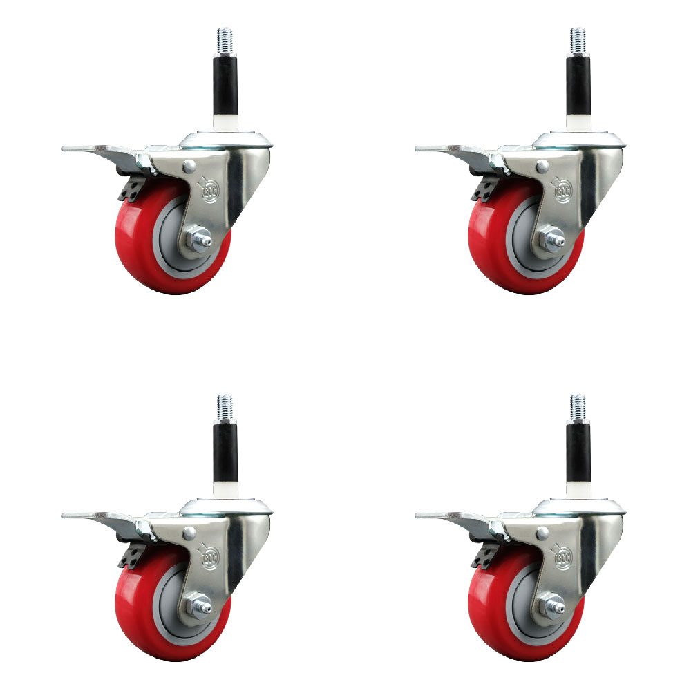 Stainless Steel Polyurethane Swivel Expanding Stem Caster with 3 in. Red Wheels & 0.87 in. Stems 4 Swivel with Total Locking Brakes - Set of 4