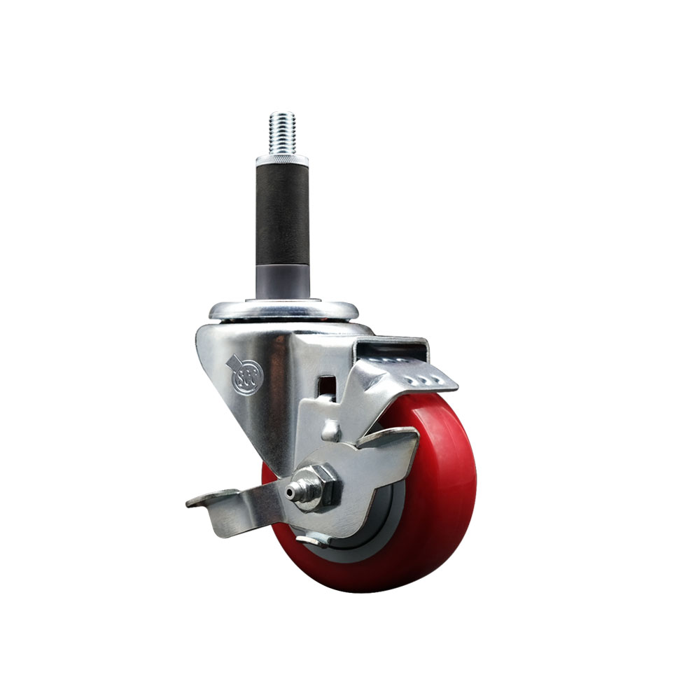SCC-SSEX20S314-PPUB-RED-TLB-1 Stainless Steel Polyurethane Expanding Stem Swivel Caster with 3 in. Red Wheel & 1 in. Stem & Top Locking Brake