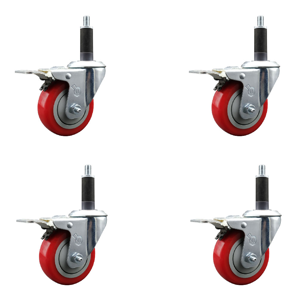 Stainless Steel Polyurethane Swivel Expanding Stem Caster with 3.5 in. Red Wheels & 1 in. Stems 4 Swivel with Total Locking Brakes - Set of 4