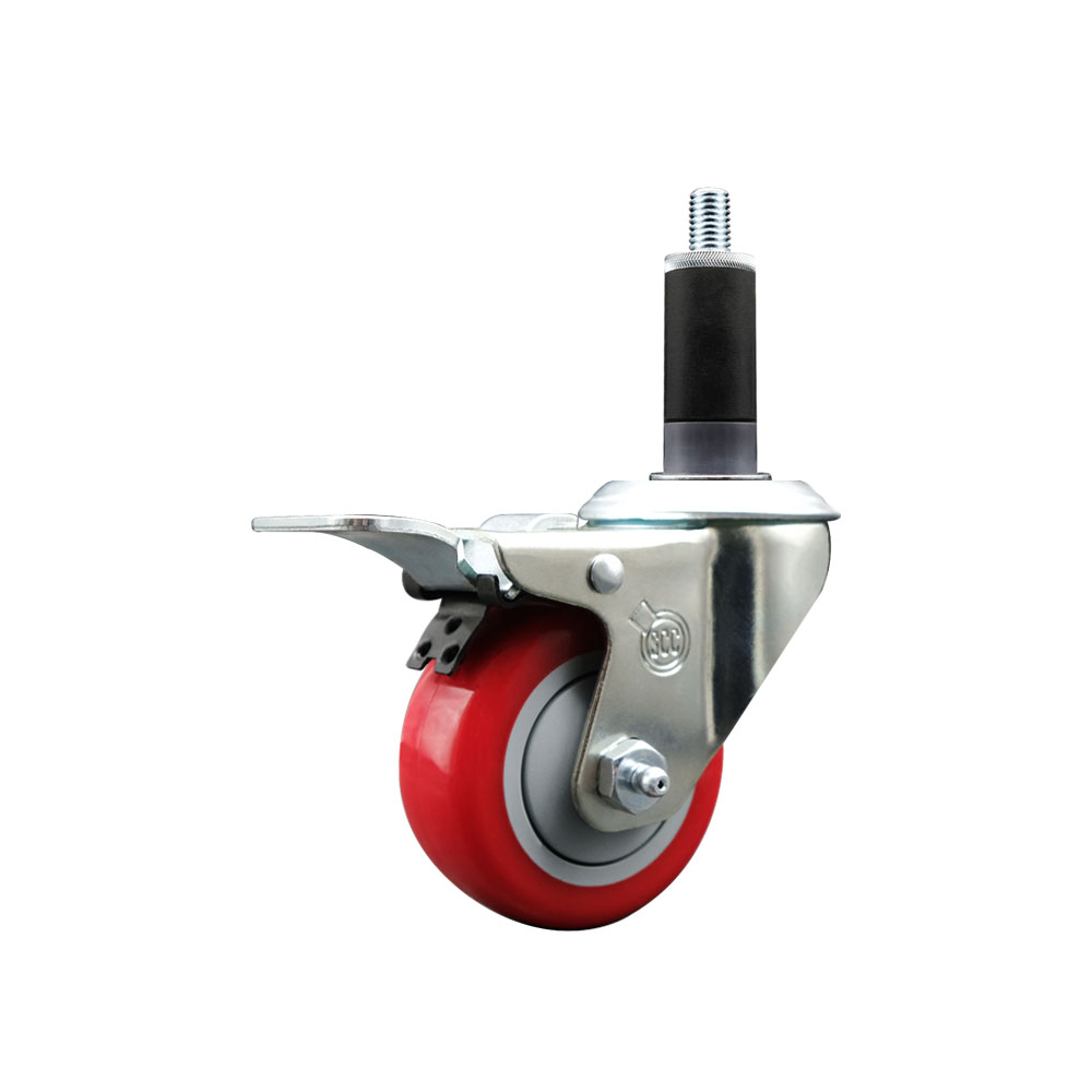 SCC-SSEXTTL20S314-PPUB-RED-118 Stainless Steel Polyurethane Expanding Stem Swivel Caster with 3 in. Red Wheel & 1.13 in. Stem & Total Locking Brake