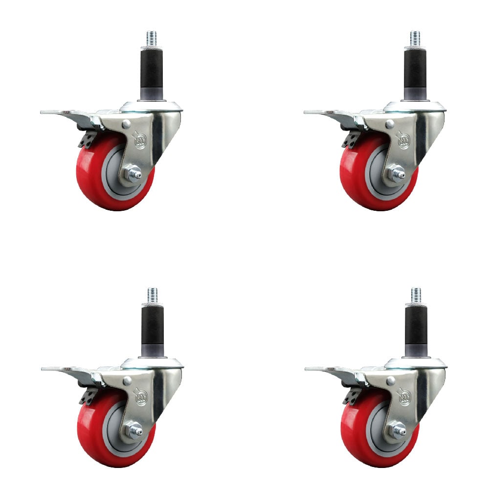 Stainless Steel Polyurethane Swivel Expanding Stem Caster with 3 in. Red Wheels & 1.13 in. Stems 4 Swivel with Total Locking Brakes - Set of 4