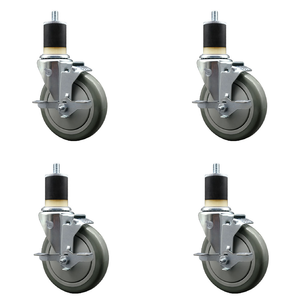 Stainless Steel Polyurethane Swivel Expanding Stem Caster with 5 in. Gray Wheels & 1.87 in. Stems 4 Swivel with Top Locking Brakes - Set of 4
