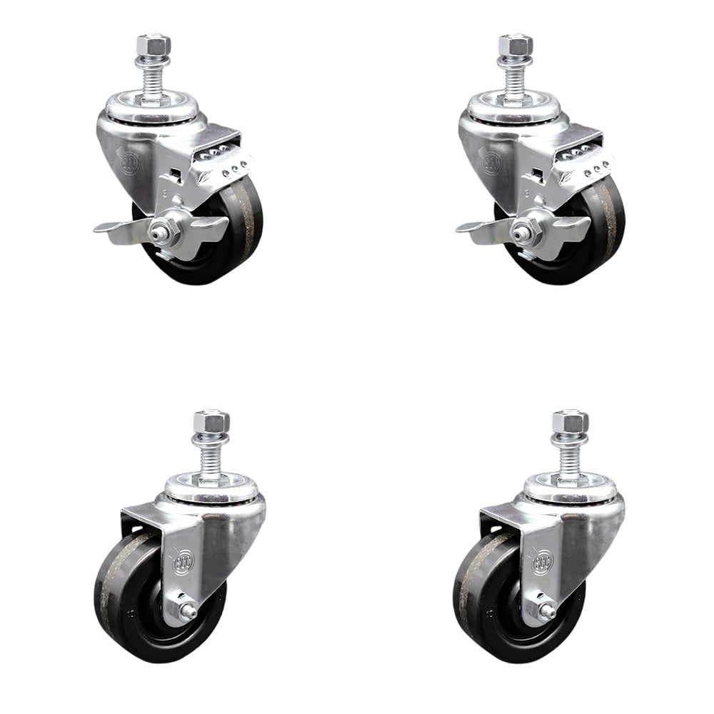 SCC-TS20S314-PHR-121315-2-TLB-2 Phenolic Swivel Threaded Stem Caster with Roller Bearing 3 x 1.25 in. Black Wheels & 0.5 in. Stems - Set of 4