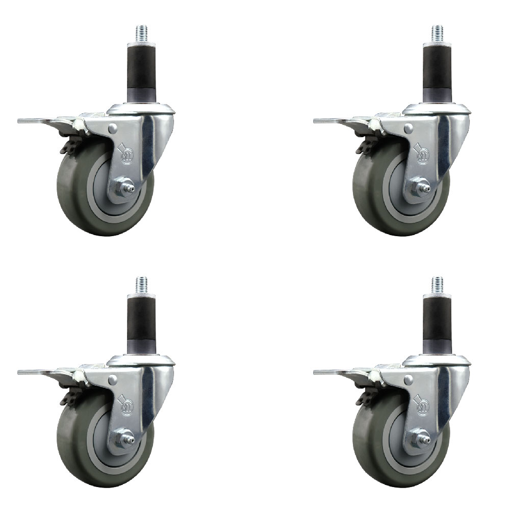 Stainless Steel Polyurethane Swivel Expanding Stem Caster with 3.5 in. Gray Wheels & 1.25 in. Stems 4 Swivel with Total Locking Brakes - Set of 4