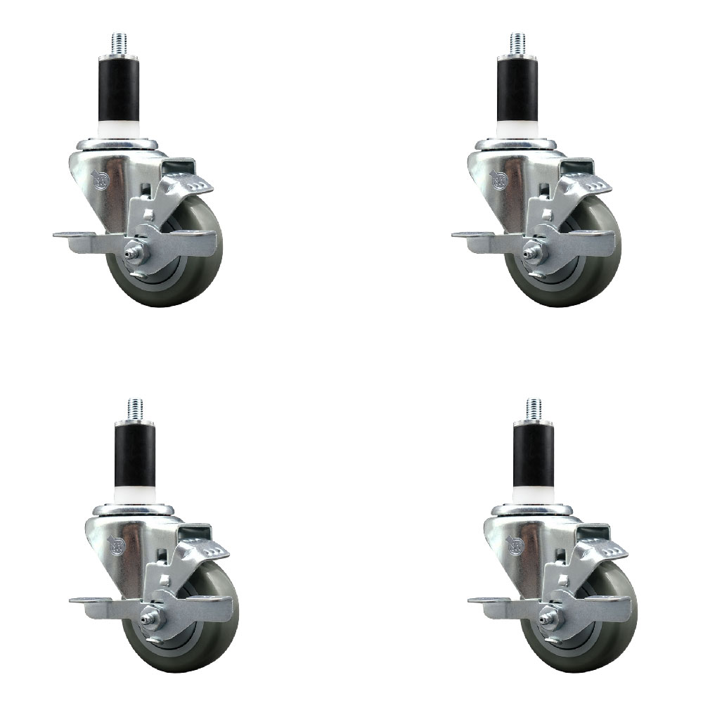 Stainless Steel Polyurethane Swivel Expanding Stem Caster with 3 in. Gray Wheels & 1.38 in. Stems 4 Swivel with Top Locking Brakes - Set of 4