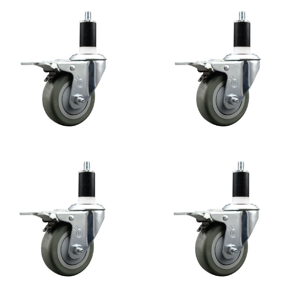 Stainless Steel Polyurethane Swivel Expanding Stem Caster with 3.5 in. Gray Wheels & 1.38 in. Stems 4 Swivel with Total Locking Brakes - Set of 4