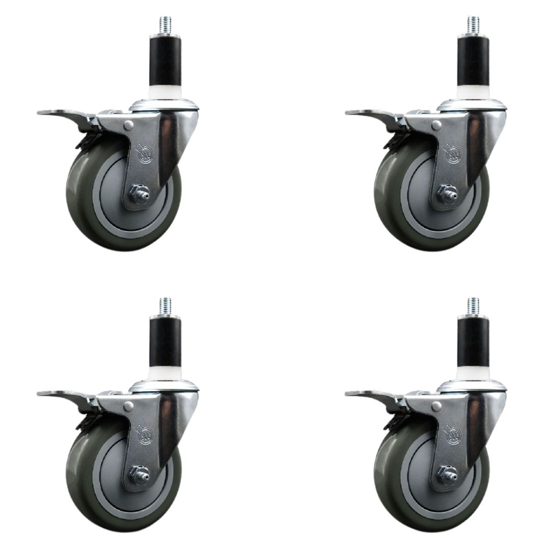 Stainless Steel Polyurethane Swivel Expanding Stem Caster with 4 in. Gray Wheels & 1.38 in. Stems 4 Swivel with Total Locking Brakes - Set of 4