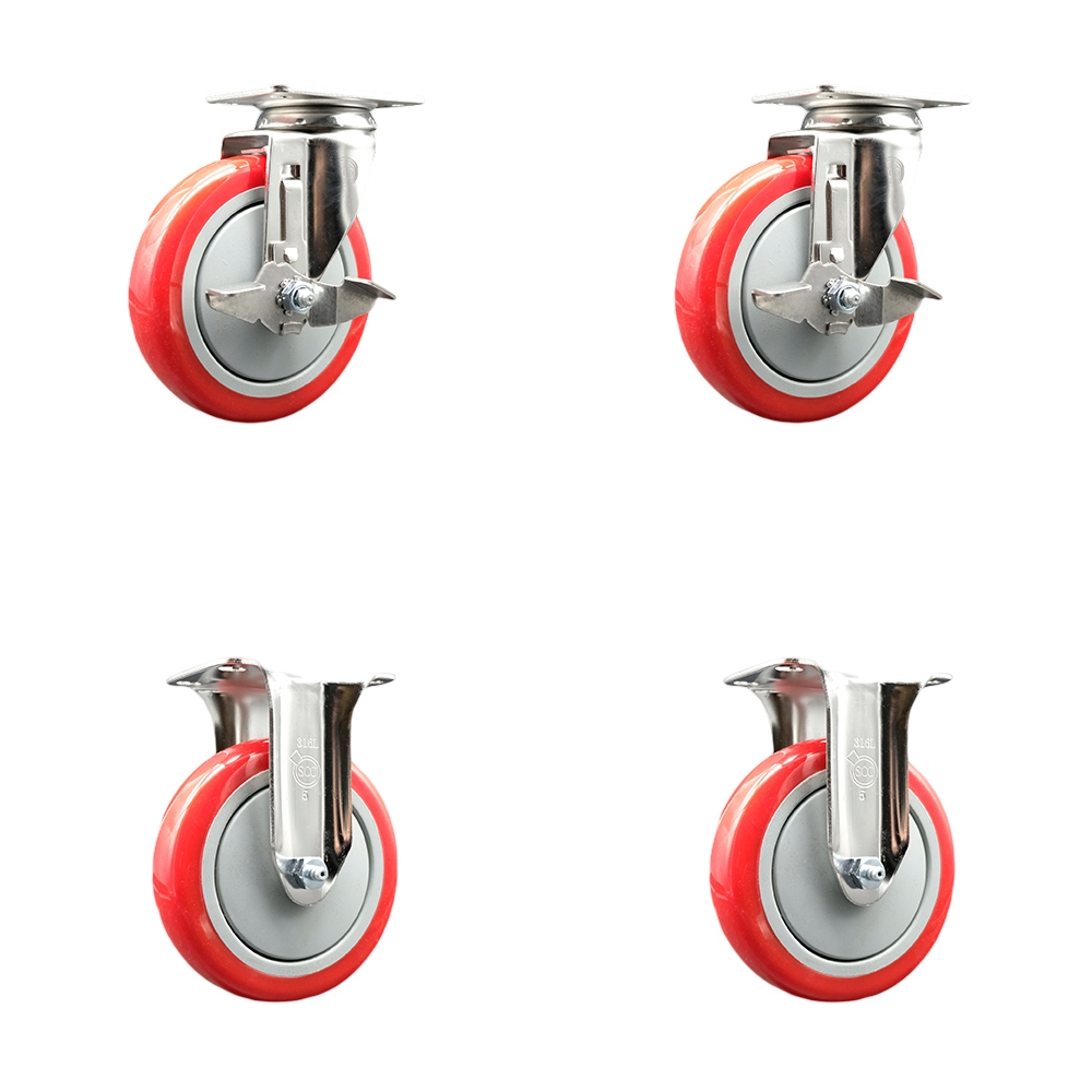 SCC-SS31620S514-PPUB-RED-TLB-2-R-2 Polyurethane Swivel Top Plate Caster with 5 in. 316 Stainless Steel Red Wheels - Set of 4
