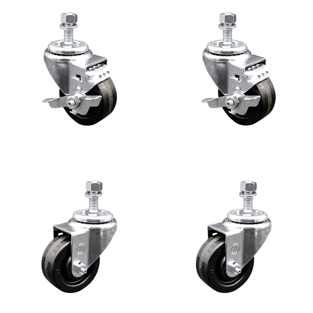 SCC-TS20S314-PHR-M1215-2-TLB-2 Phenolic Swivel Threaded Stem Caster with Roller Bearing 3 x 1.25 in. Black Wheels & 12 mm Stems - Set of 4