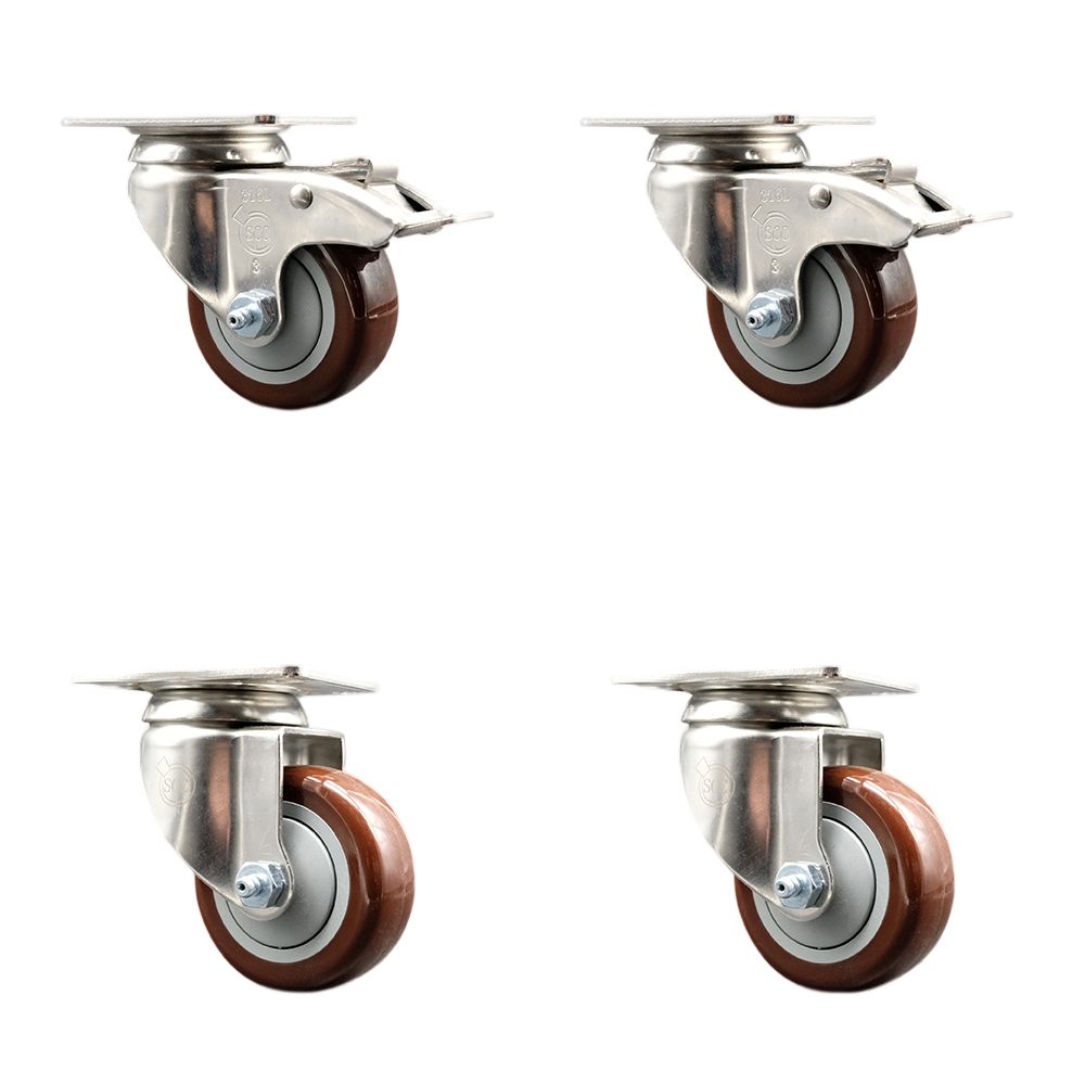 SCC-SS316TTL20S314-PPUB-MRN-2-S-2 Polyurethane Swivel Top Plate Caster with 3 in. 316 Stainless Steel Maroon Wheels - Set of 4