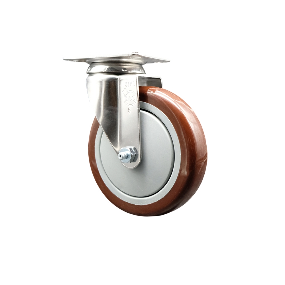 SCC-SS31620S514-PPUB-MRN Polyurethane Swivel Top Plate Caster with 5 in. 316 Stainless Steel Maroon Caster Wheel