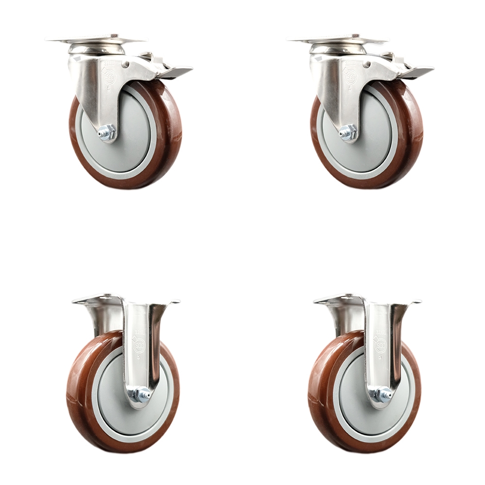 SCC-SS316TTL20S514-PPUB-MRN-2-R-2 Polyurethane Swivel Top Plate Caster with 5 in. 316 Stainless Steel Maroon Wheels - Set of 4