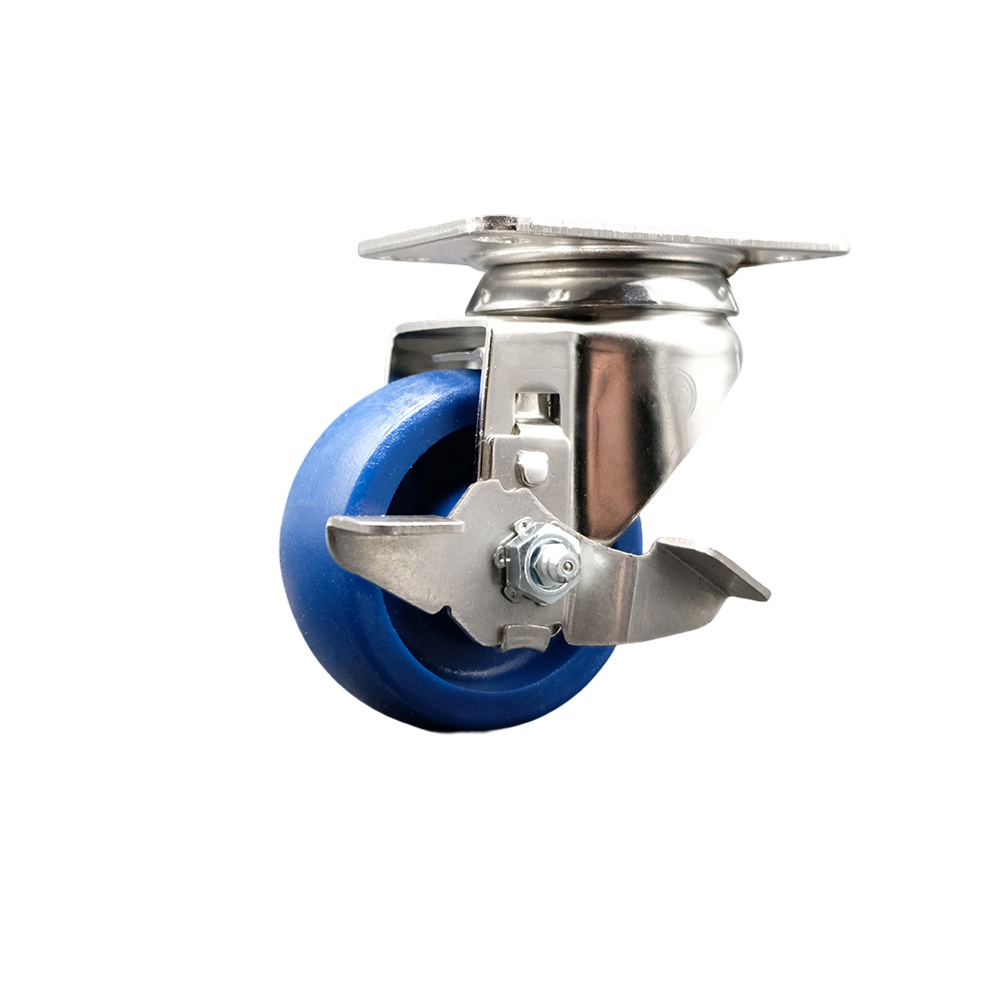 SCC-SS31620S3514-SPUS-TLB Solid Polyurethane Swivel Top Plate Caster with 3.5 in. 316 Stainless Steel Blue Caster Wheel & Top Lock Brake