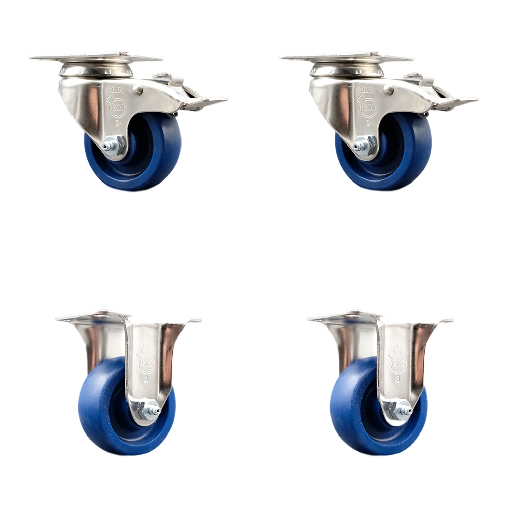 SCC-SS316TTL20S3514-SPUS-2-R-2 Solid Polyurethane Swivel Top Plate Caster with 3.5 in. 316 Stainless Steel Blue Wheels - Set of 4