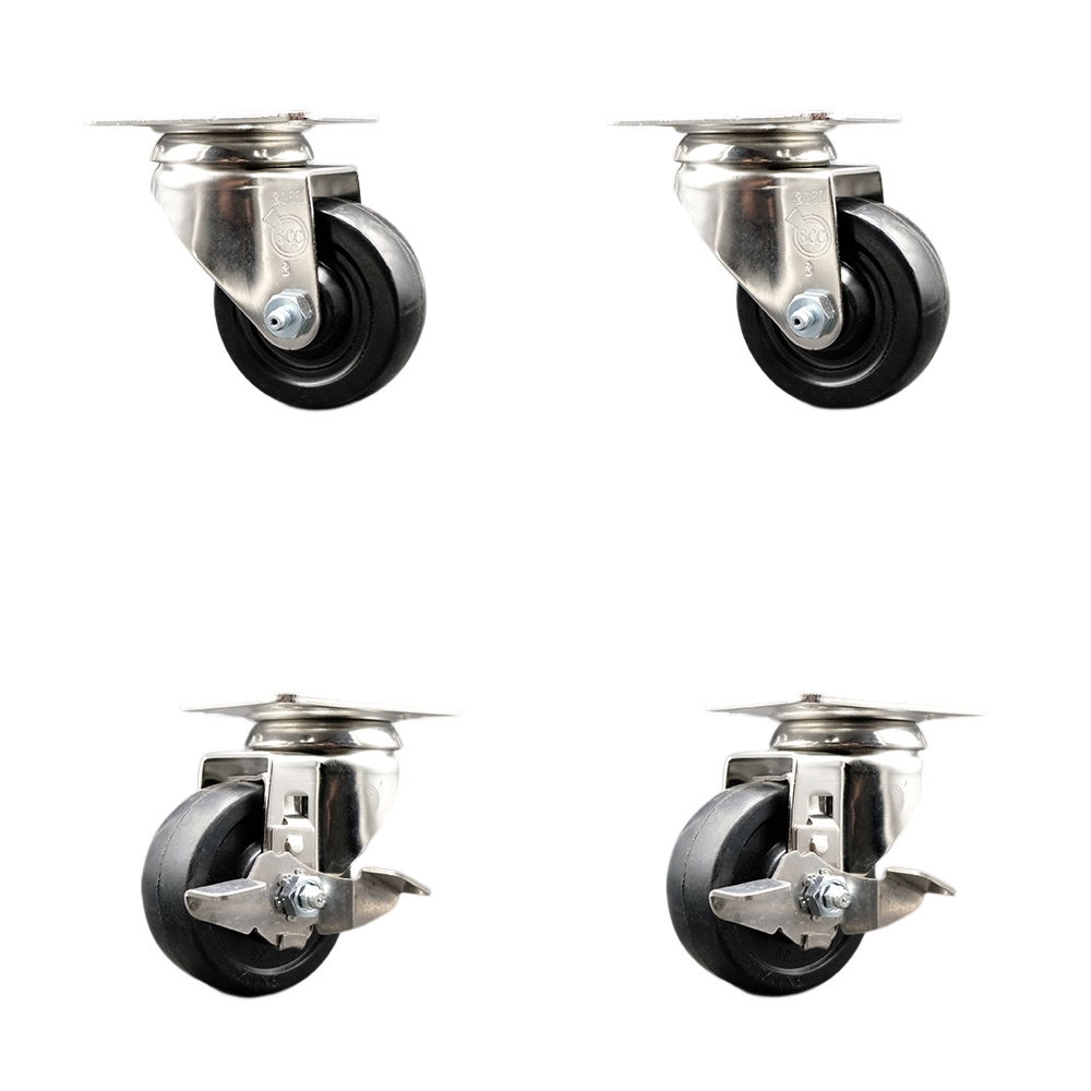 SCC-SS31620S314-SRS-2-TLB-2 Soft Rubber Swivel Top Plate Caster with 3 in. Black Caster Wheels - 316 Stainless Steel Casters - Set of 4