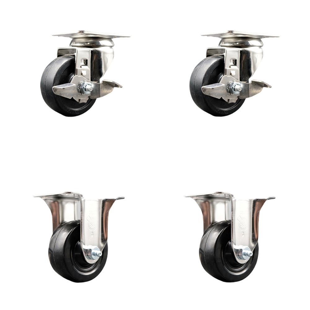 SCC-SS31620S314-SRS-TLB-2-R-2 Soft Rubber Swivel Top Plate Caster with 3 in. Black Caster Wheels - 316 Stainless Steel Casters - Set of 4