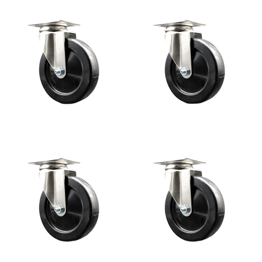 SCC-SS31620S514-SRS-4 Soft Rubber Swivel Top Plate Caster with 5 in. Black Caster Wheels - 316 Stainless Steel Casters - Set of 4