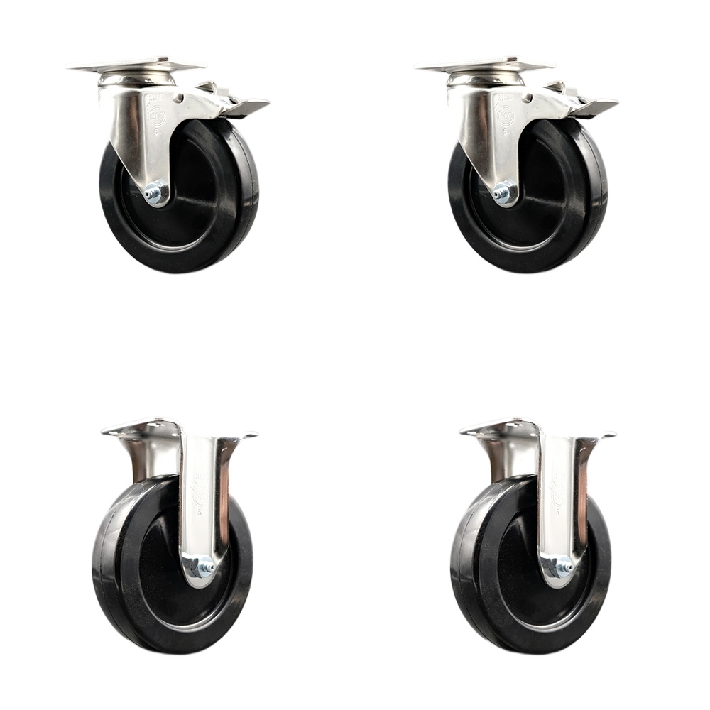 SCC-SS316TTL20S514-SRS-2-R-2 Soft Rubber Swivel Top Plate Caster with 5 in. Black Caster Wheels - 316 Stainless Steel Casters - Set of 4