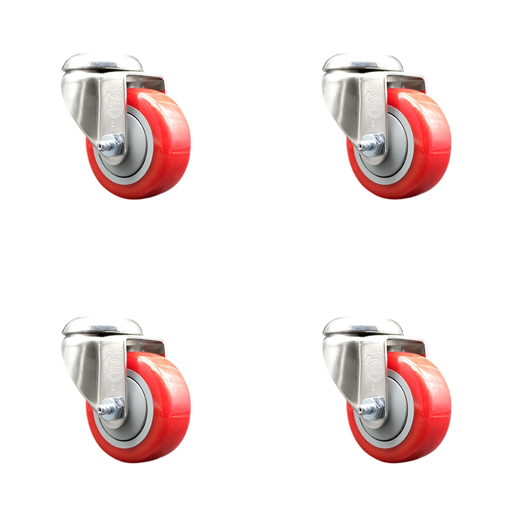 SCC-SS316BH20S3514-PPUB-RED-4 Polyurethane Swivel Bolt Hole Caster with 3.5 in. Red Caster Wheels - 316 Stainless Steel Casters - Set of 4