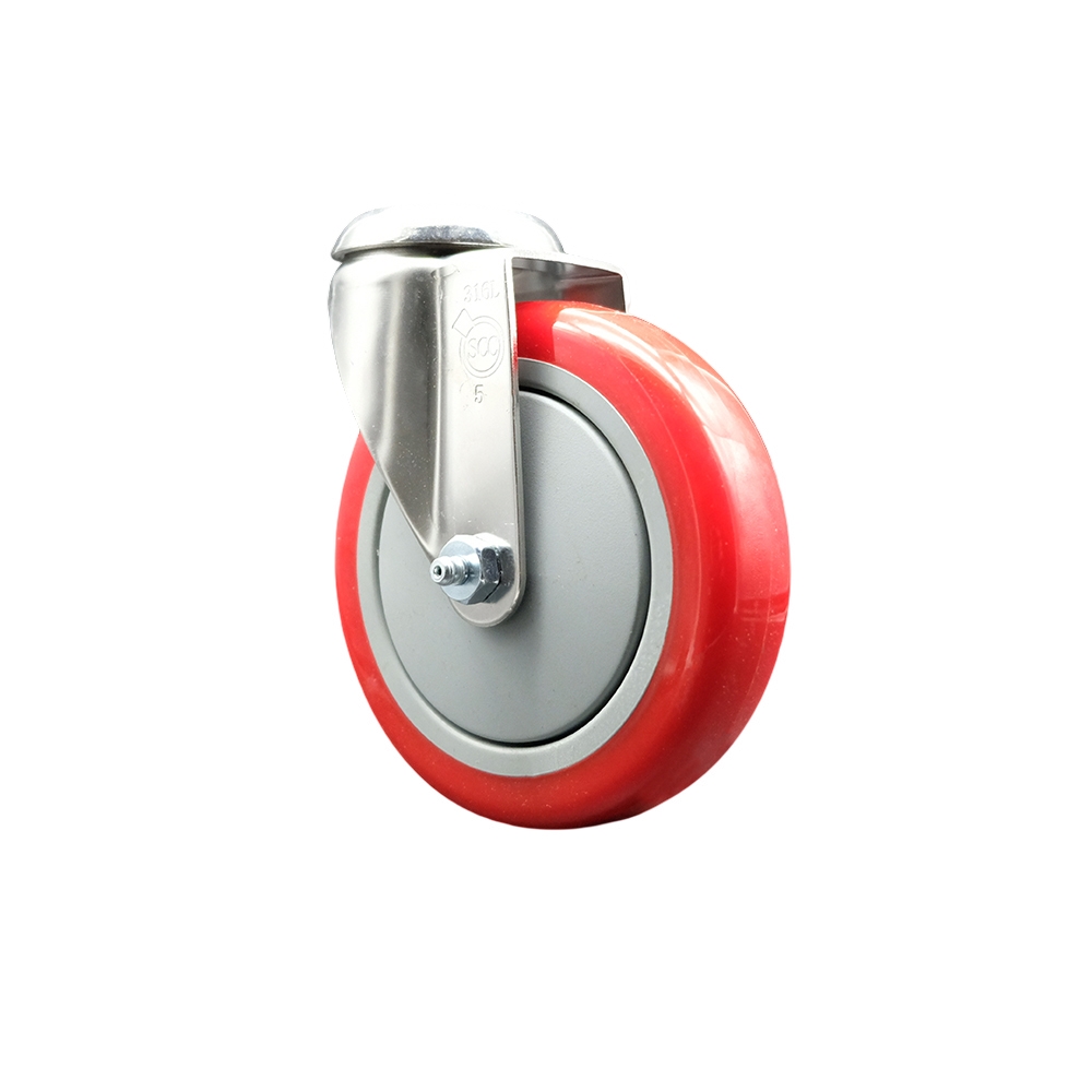 SCC-SS316BH20S514-PPUB-RED Polyurethane Swivel Bolt Hole Caster with 5 in. Red Caster Wheel - 316 Stainless Steel Caster