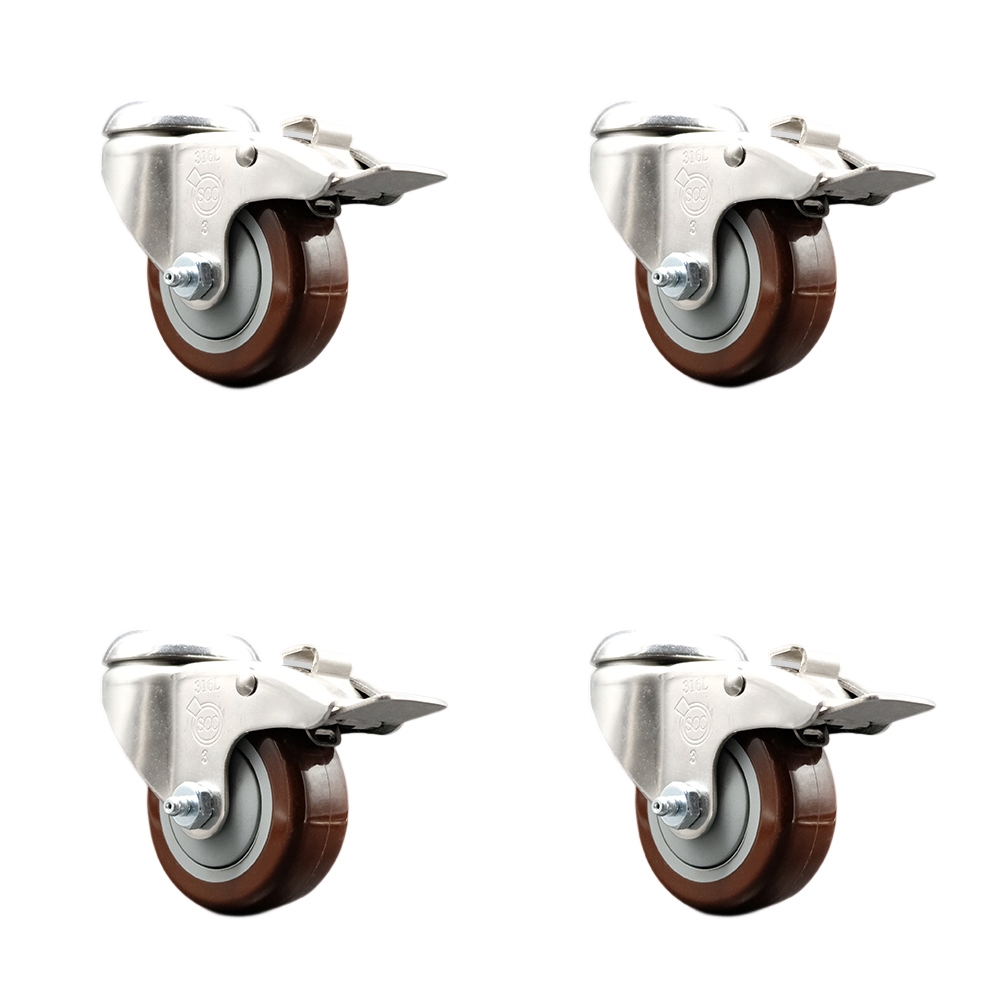 SCC-SS316BHTTL20S314-PPUB-MRN-4 Polyurethane Swivel Bolt Hole Caster with 3 in. Maroon Caster Wheels - 316 Stainless Steel Caster - Set of 4