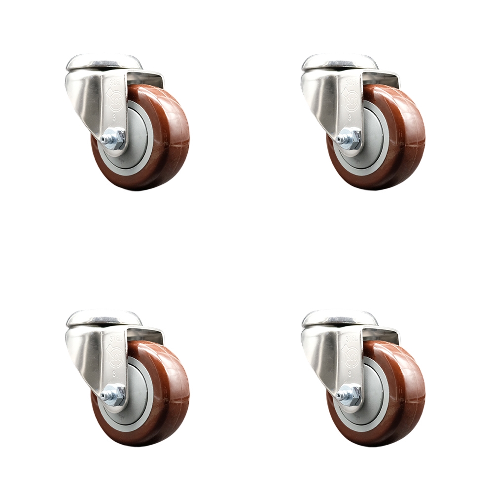 SCC-SS316BH20S3514-PPUB-MRN-4 Polyurethane Swivel Bolt Hole Caster with 3.5 in. Maroon Caster Wheels - 316 Stainless Steel Casters - Set of 4