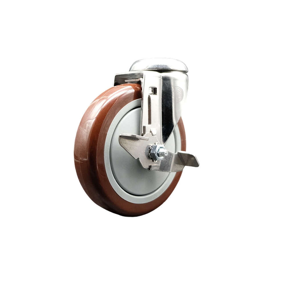 SCC-SS316BH20S514-PPUB-MRN-TLB Polyurethane Swivel Bolt Hole Caster with 5 in. Maroon Caster Wheel & Top Lock Brake - 316 Stainless Steel Caster