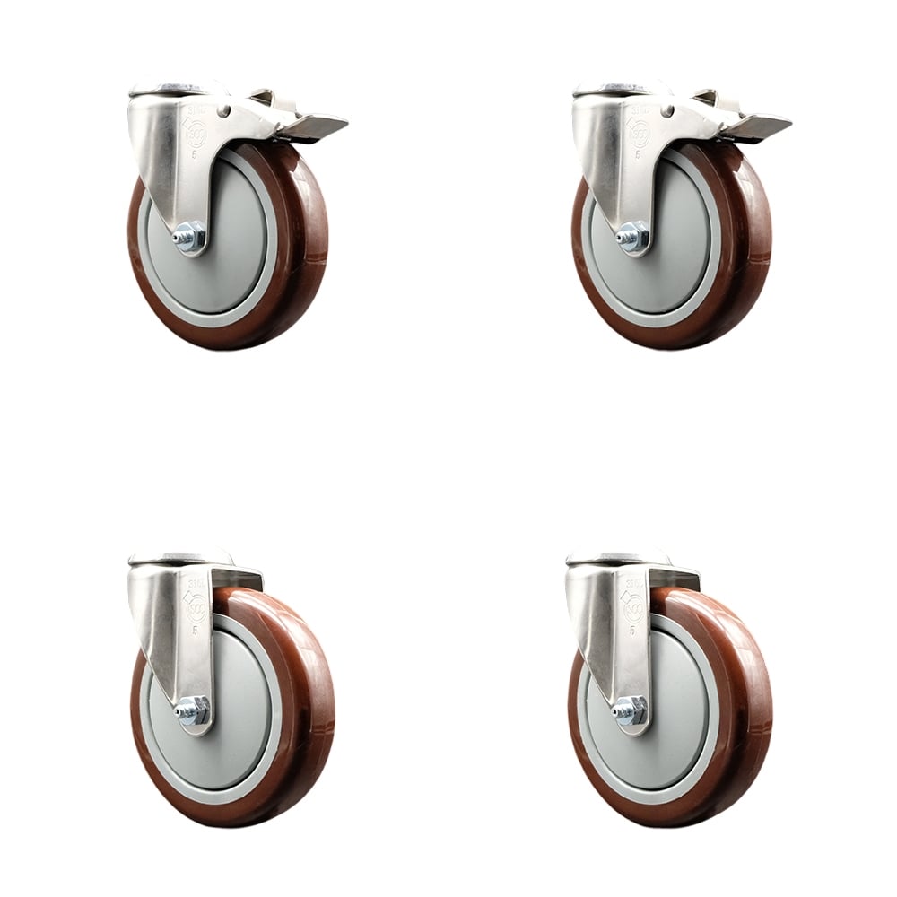 SCC-SS316BHTTL20S514-PPUB-MRN-2-S-2 Polyurethane Swivel Bolt Hole Caster with 5 in. Maroon Caster Wheels - 316 Stainless Steel Casters - Set of 4