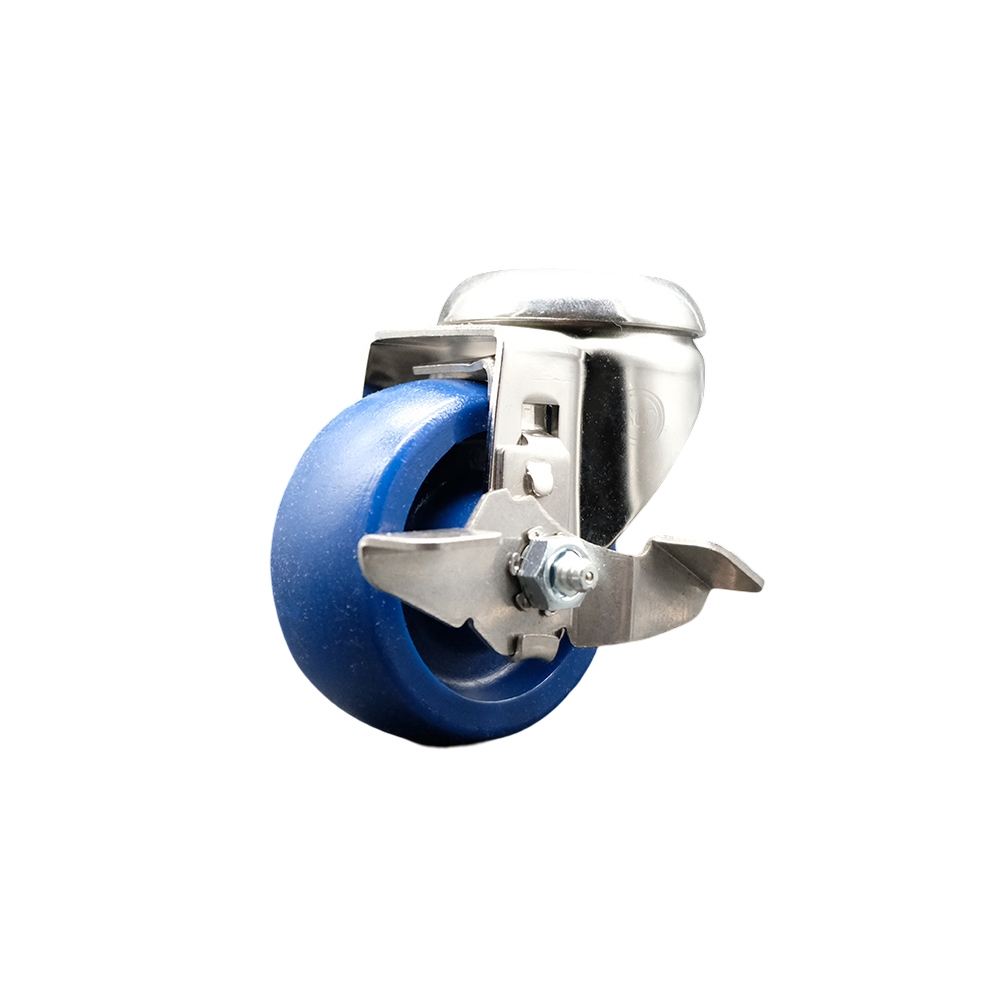 SCC-SS316BH20S3514-SPUS-TLB Solid Polyurethane Swivel Bolt Hole Caster with 3.5 in. Blue Caster Wheel & Top Lock Brake - 316 Stainless Steel Caster