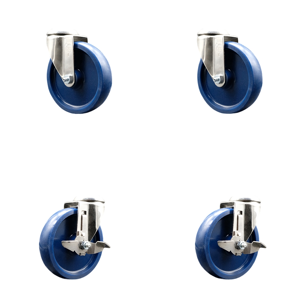 SCC-SS316BH20S514-SPUS-2-TLB-2 Solid Polyurethane Swivel Bolt Hole Caster with 5 in. Blue Caster Wheels - 316 Stainless Steel Casters - Set of 4
