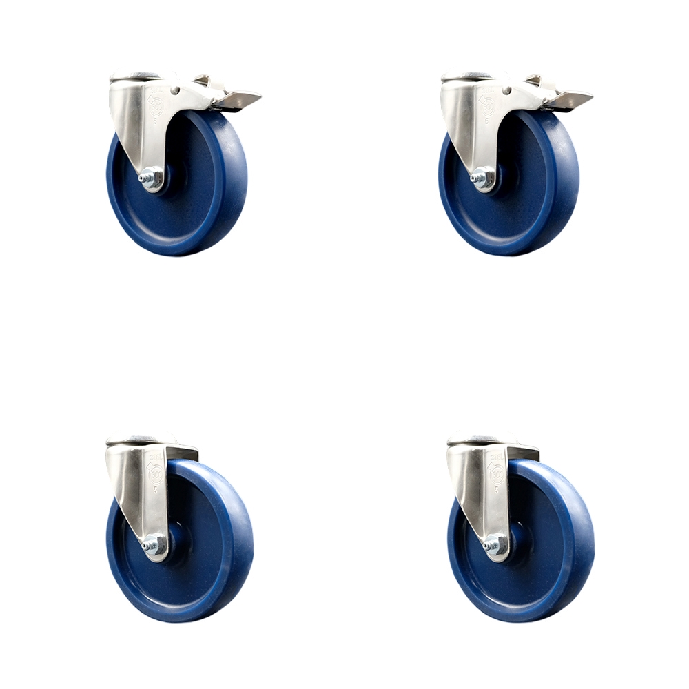 SCC-SS316BHTTL20S514-SPUS-2-S-2 Solid Polyurethane Swivel Bolt Hole Caster with 5 in. Blue Caster Wheels - 316 Stainless Steel Casters - Set of 4