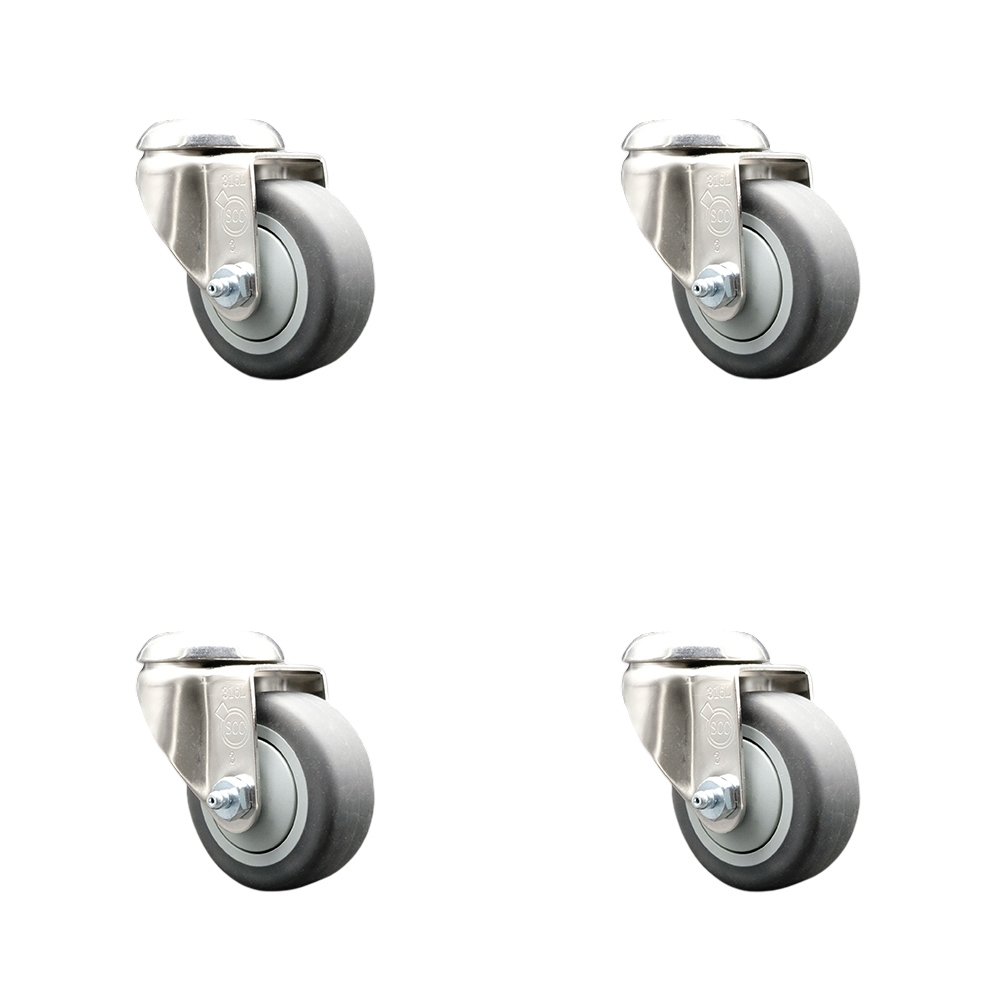 SCC-SS316BH20S314-TPRB-4 Thermoplastic Rubber Swivel Bolt Hole Caster with 3 in. Gray Caster Wheels - 316 Stainless Steel Casters - Set of 4