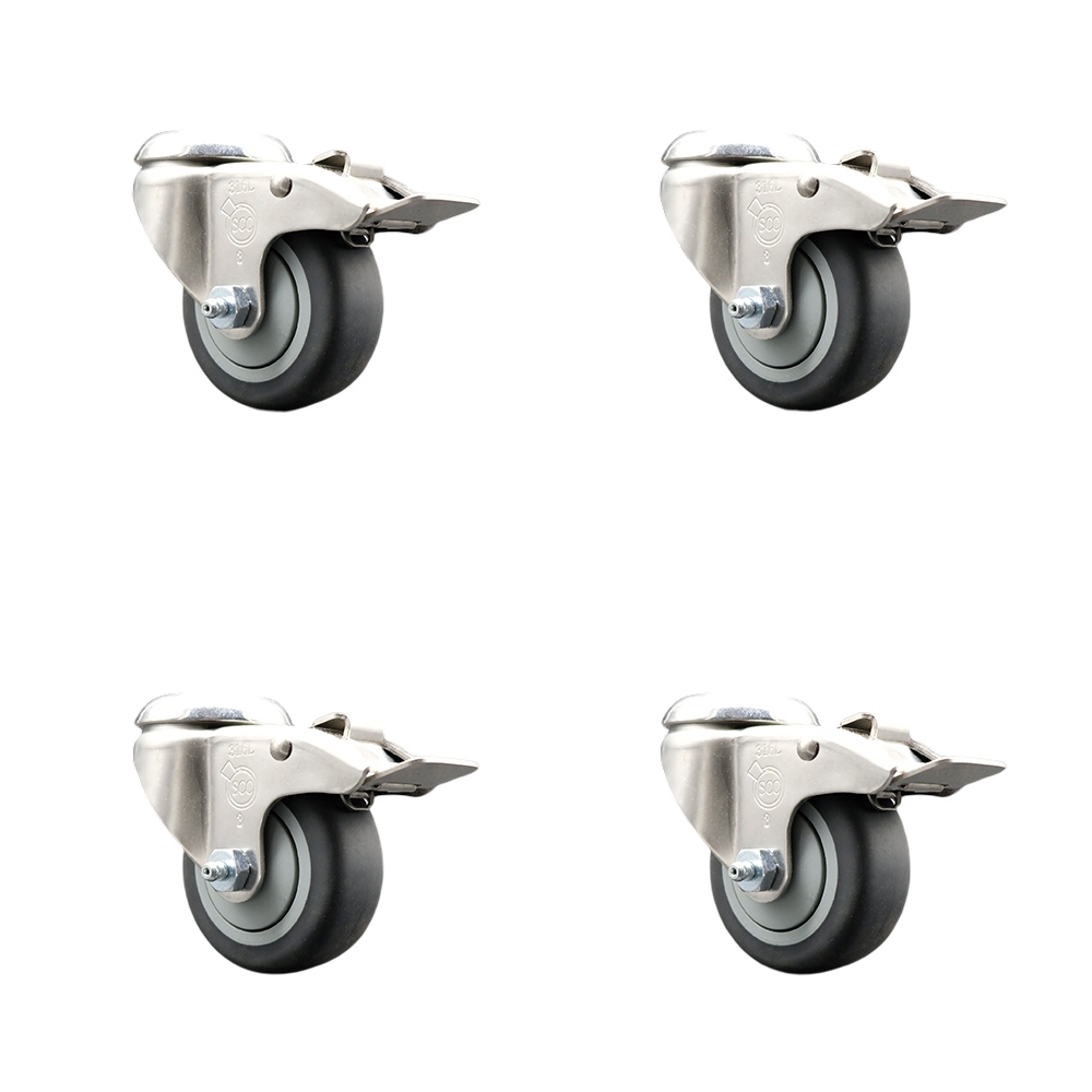 SCC-SS316BHTTL20S3514-TPRB-4 Thermoplastic Rubber Swivel Bolt Hole Caster with 3.5 in. Caster Wheels - 316 Stainless Steel Casters - Set of 4