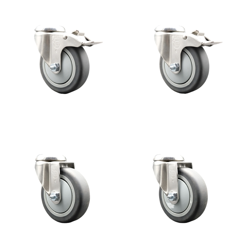 SCC-SS316BHTTL20S414-TPRB-2-S-2 Thermoplastic Rubber Swivel Bolt Hole Caster with 4 in. Gray Caster Wheels - 316 Stainless Steel Casters - Set of 4
