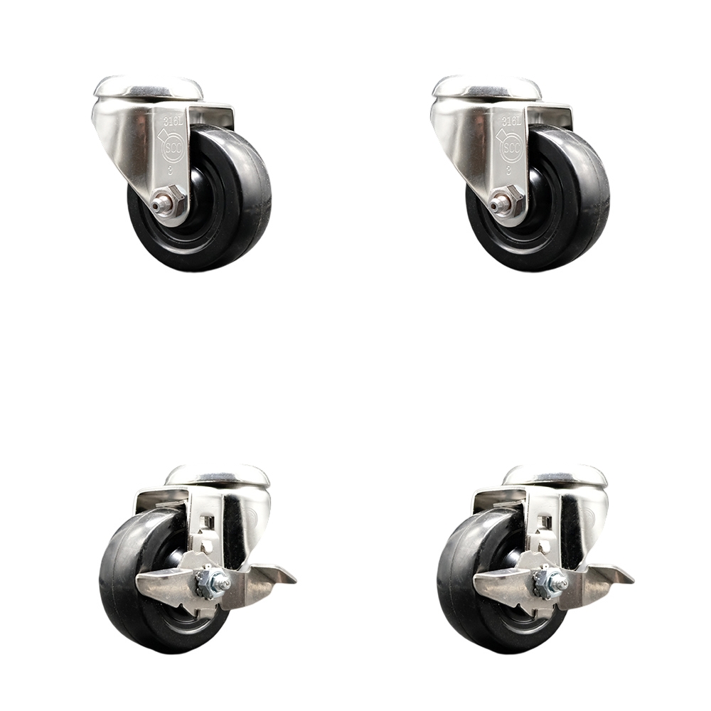 SCC-SS316BH20S314-SRS-2-TLB-2 Soft Rubber Swivel Bolt Hole Caster with 3 in. Black Caster Wheels - 316 Stainless Steel Casters - Set of 4