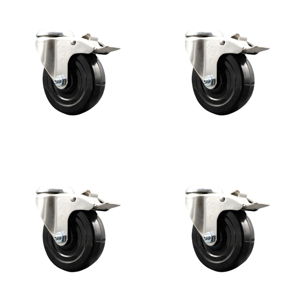 SCC-SS316BHTTL20S414-SRS-4 Soft Rubber Swivel Bolt Hole Caster with 4 in. Black Caster Wheels - 316 Stainless Steel Caster - Set of 4