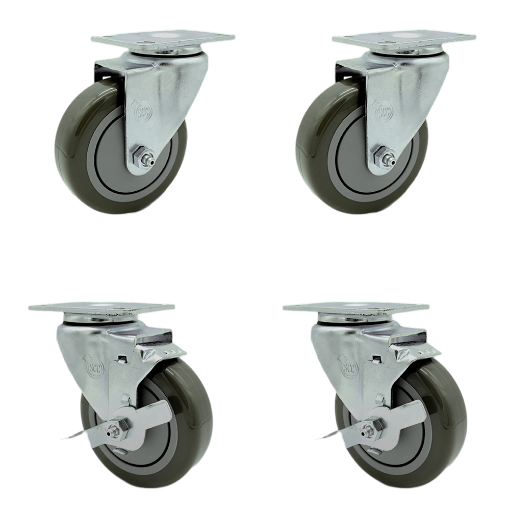SCC-SS20S414-PPUB-2-TLB-2 Stainless Steel Polyurethane Swivel Top Plate Caster with 4 x 1.25 in. Gray Wheels - Set of 4