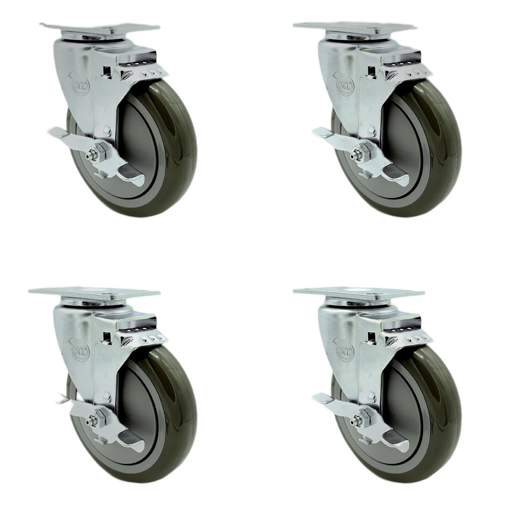 SCC-SS20S514-PPUB-TLB-4 Stainless Steel Polyurethane Swivel Top Plate Caster with 5 x 1.25 in. Gray Wheels - Set of 4