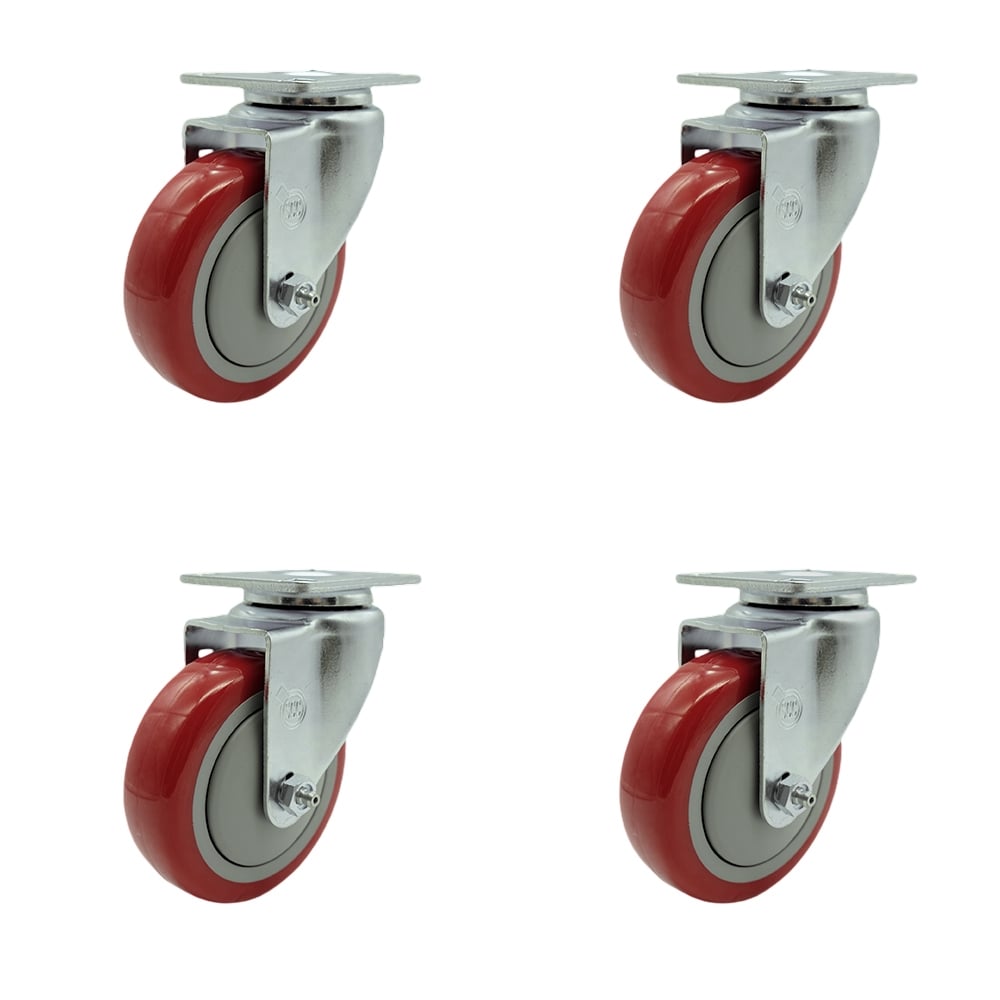 SCC-SS20S414-PPUB-RED-4 Stainless Steel Polyurethane Swivel Top Plate Caster with 4 x 1.25 in. Red Wheels - Set of 4