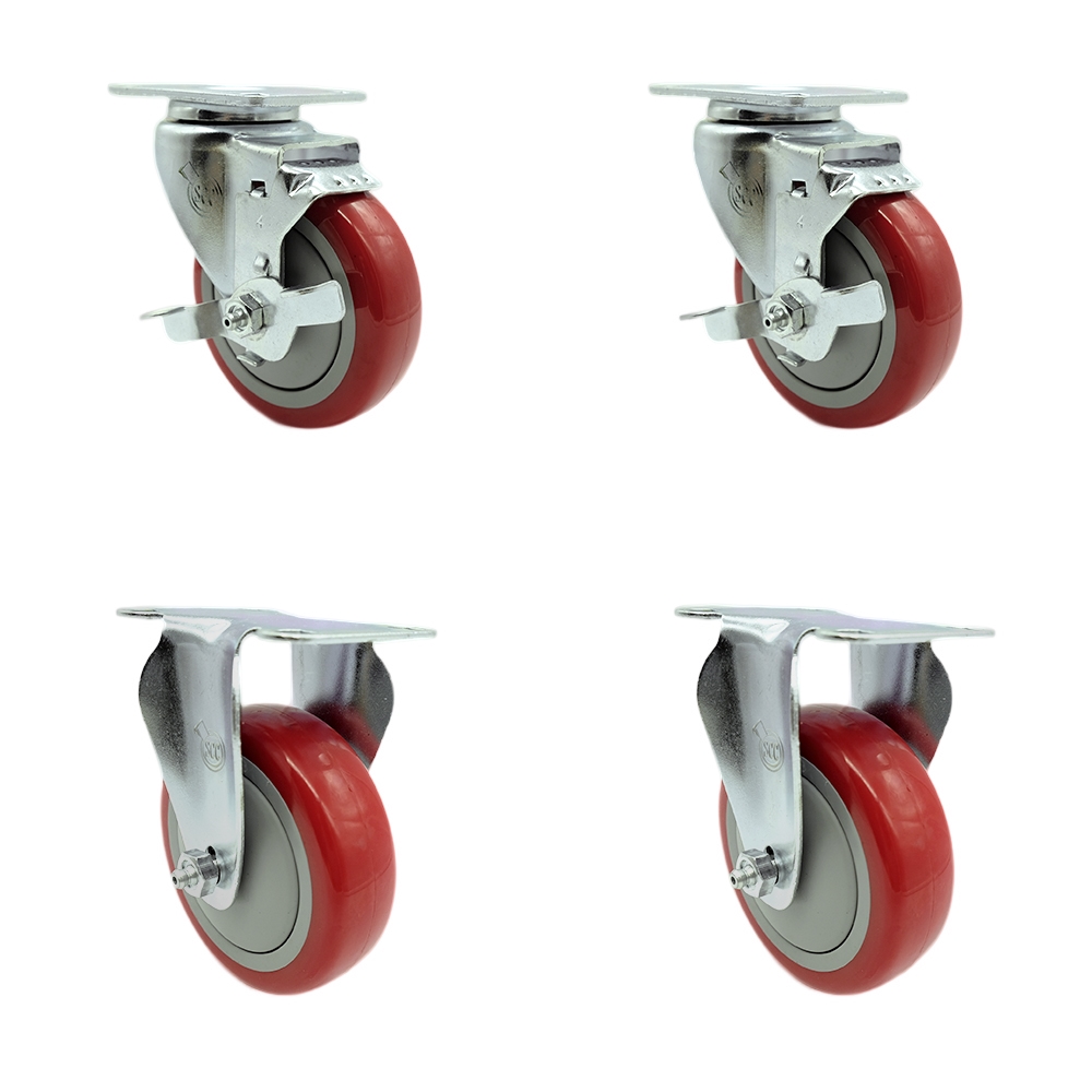 SCC-SS20S414-PPUB-RED-TLB-2-R414-2 Stainless Steel Polyurethane Swivel Top Plate Caster with 4 x 1.25 in. Red Wheels - Set of 4