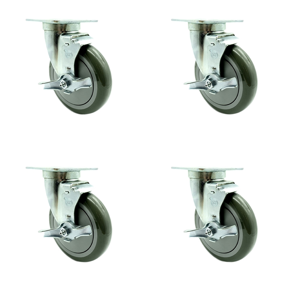 SCC-20S514-PPUB-TLB-TPU1-4 Universal Kitchen Casters 5 x 1.25 in. Polyurethane Gray Wheels Swivel Casters with Brakes - Non Marking - Set of 4