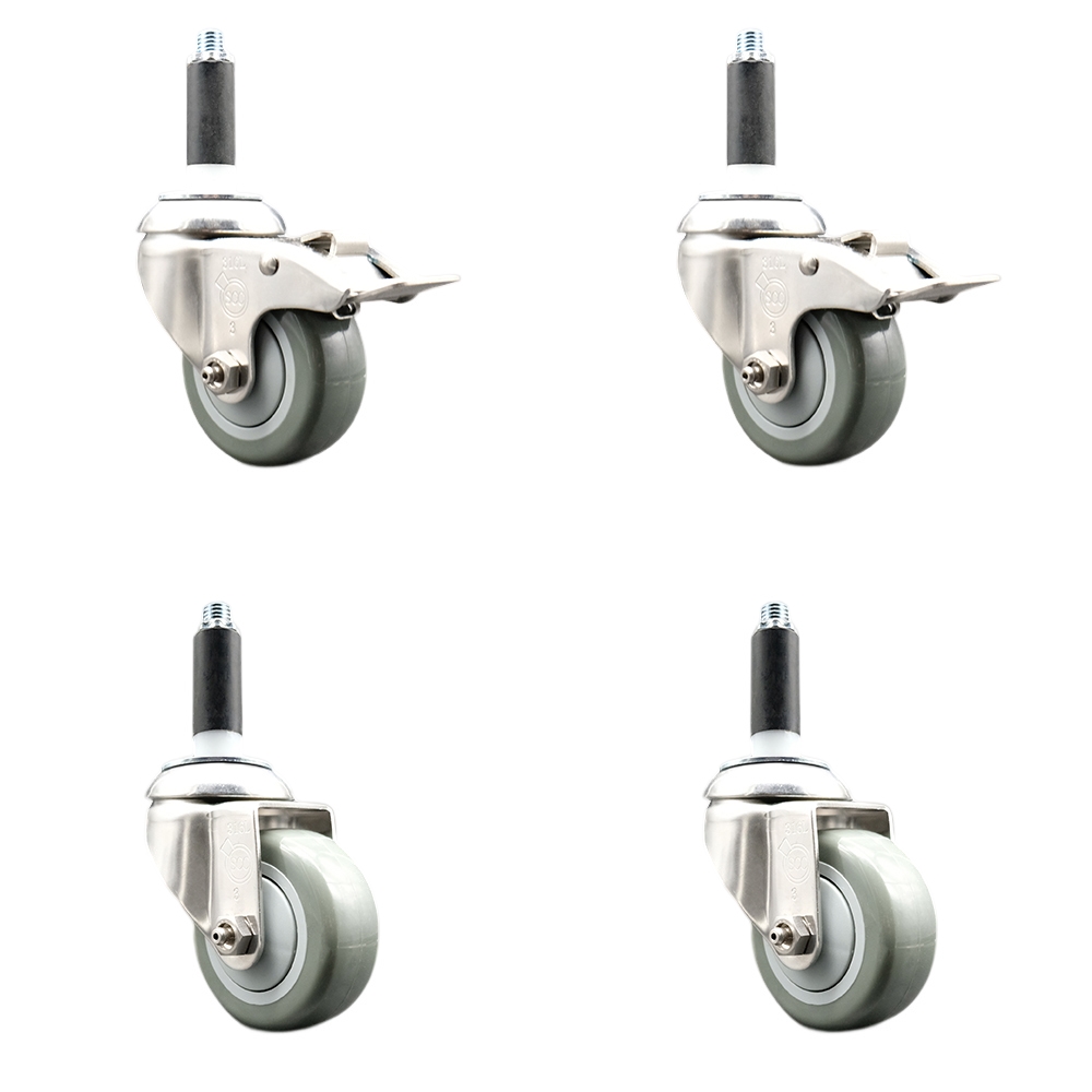 Polyurethane Swivel Stem Caster with 3 in. Gray Caster Wheels, 0.75 in. Expanding Stem - 316 Stainless Steel Casters - Set of 4