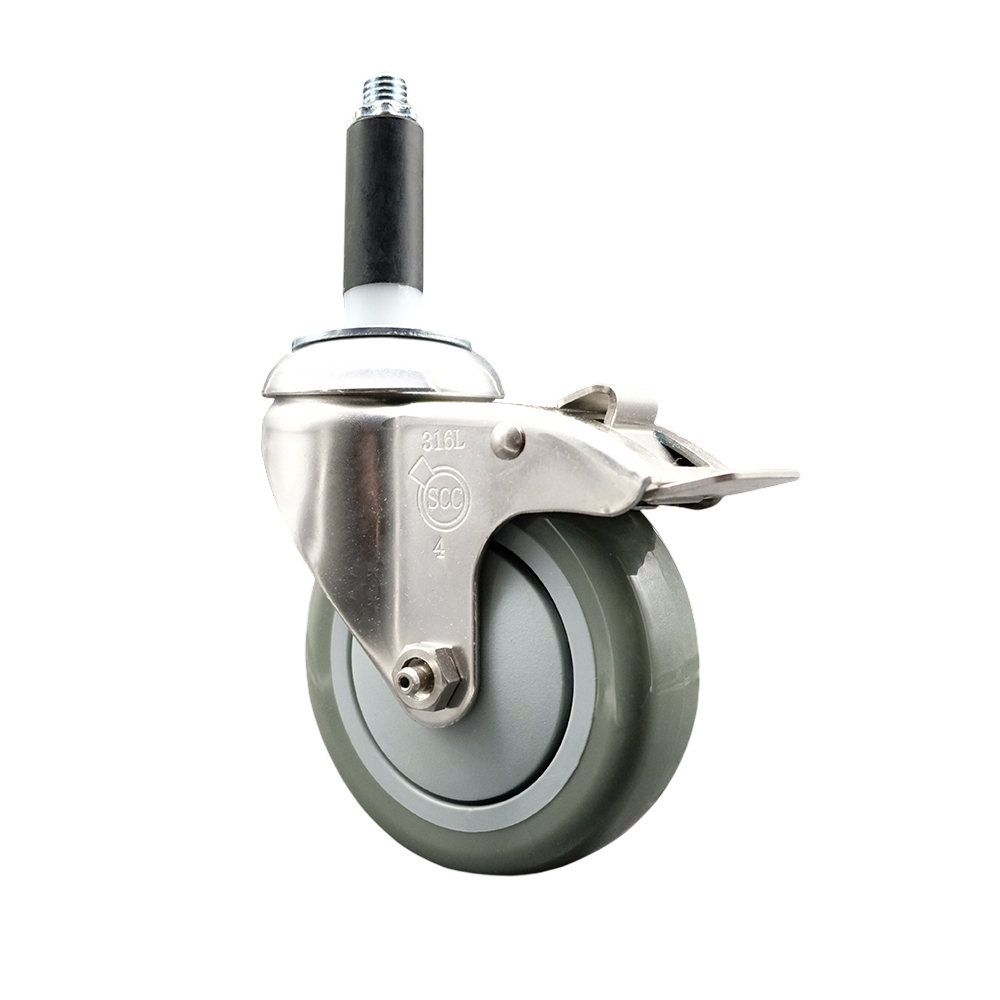 Polyurethane Swivel Stem Caster with 4 in. Gray Caster Wheels & Total Lock Brake, 0.75 in. Expanding Stem - 316 Stainless Steel Caster