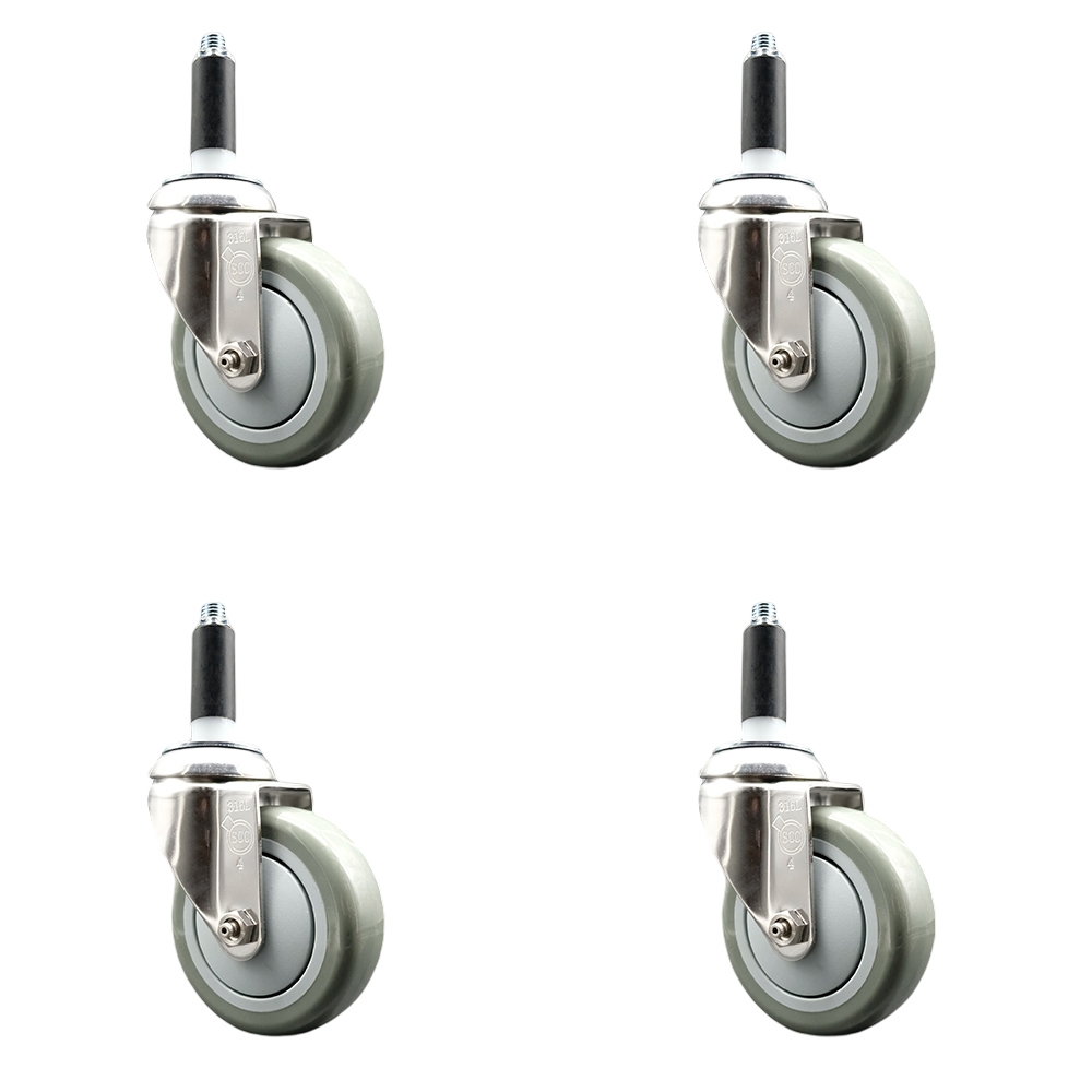 Polyurethane Swivel Stem Caster with 4 in. Gray Caster Wheels, 0.75 in. Expanding Stems - 316 Stainless Steel Casters - Set of 4