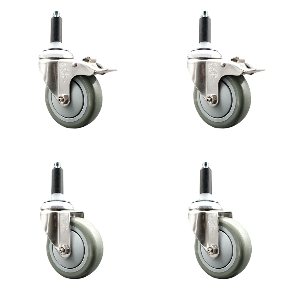 Polyurethane Swivel Stem Caster with 4 in. Gray Caster Wheels, 0.75 in. Expanding Stem - 316 Stainless Steel Casters - Set of 4