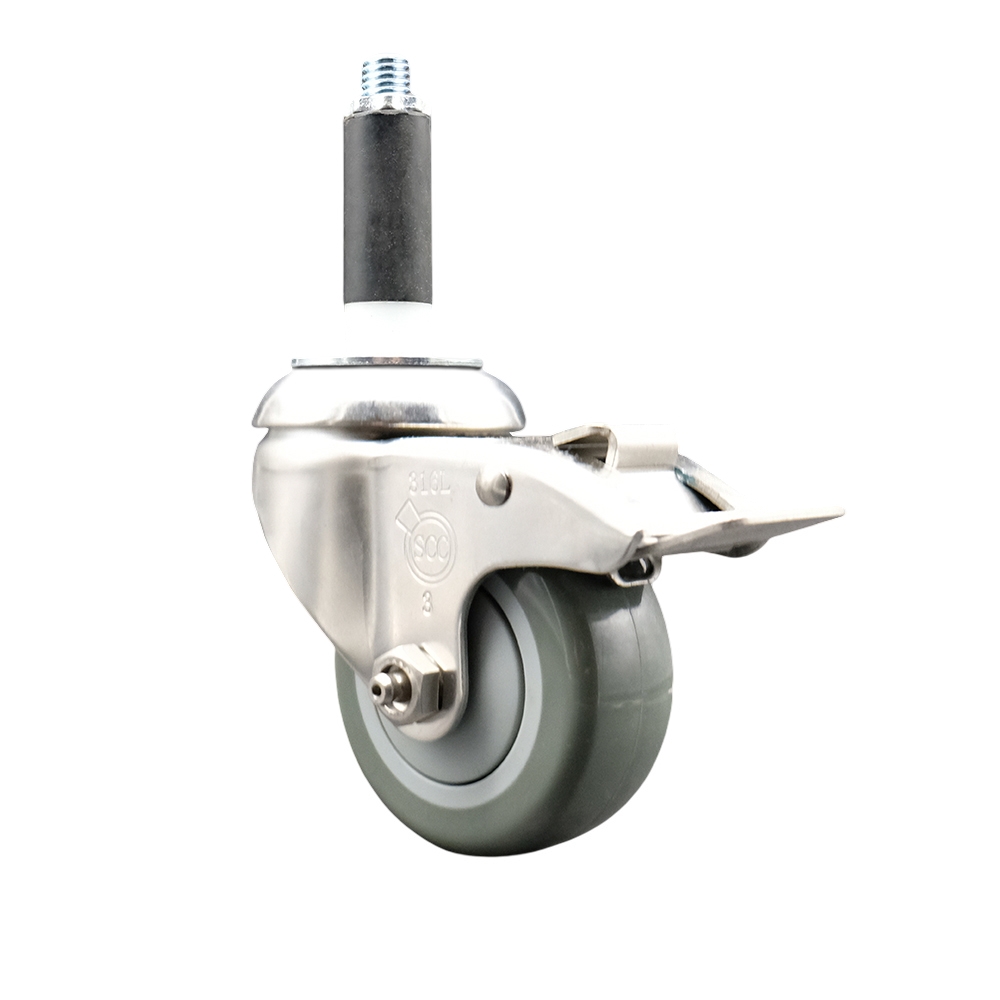 Polyurethane Swivel Stem Caster with 3 in. Gray Caster Wheels & Total Lock Brake, 0.87 in. Expanding Stem - 316 Stainless Steel Caster