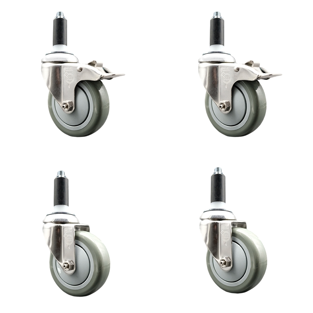 Polyurethane Swivel Stem Caster with 4 in. Gray Caster Wheels, 1 in. Expanding Stem - 316 Stainless Steel Casters - Set of 4