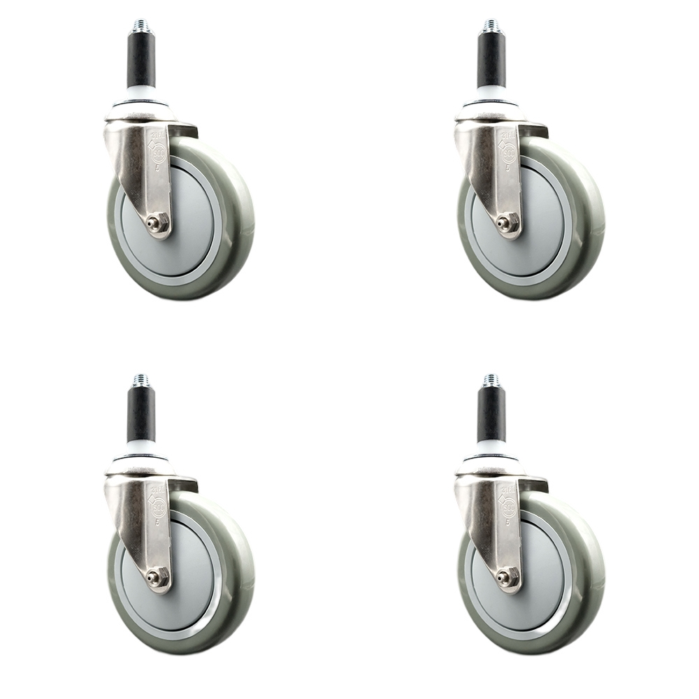 Polyurethane Swivel Stem Caster with 5 in. Gray Caster Wheels, 1 in. Expanding Stems - 316 Stainless Steel Casters - Set of 4