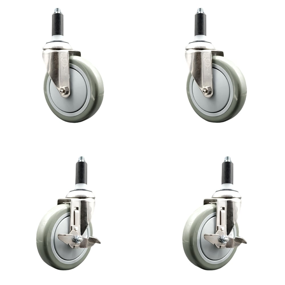 Polyurethane Swivel Stem Caster with 5 in. Gray Caster Wheels, 1 in. Expanding Stems - 316 Stainless Steel Casters - Set of 4